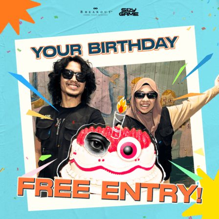 Your Birthday Free Entry, A special Birthday Promotion from Breakout & Spy Game, For You. A caucasian looking spy male with sunglasses and a spy hijabi girl celebrating birthday with birthday cake